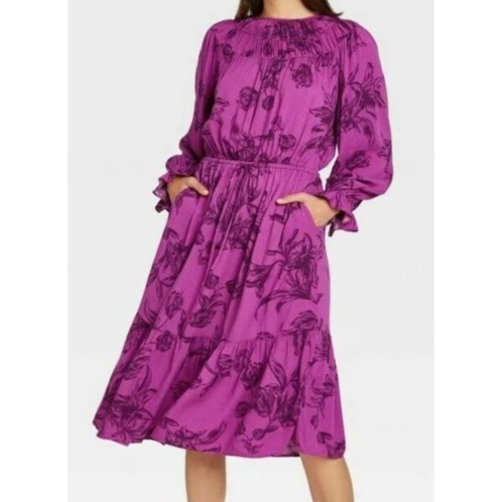 A New Day Womens Floral Dress Size M Purple Long Sleeve Prairie Flounce Midi